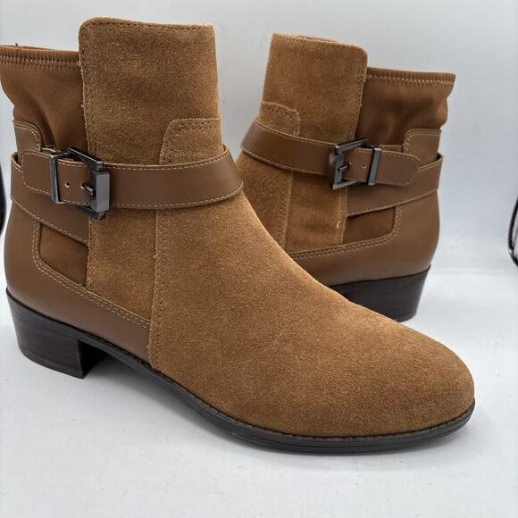 Isaac Mizrahi Live Women’s Brown Suede Side‑Zip Buckle Ankle Booties US 8.5 W - Picture 1 of 14